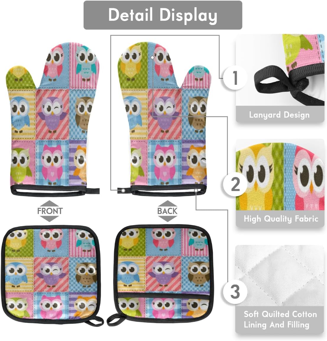 Juego de manoplas de horno y soportes para ollas de búhos coloridos y divertidos, resistentes al calor, guantes de horno antideslizantes y tapete de