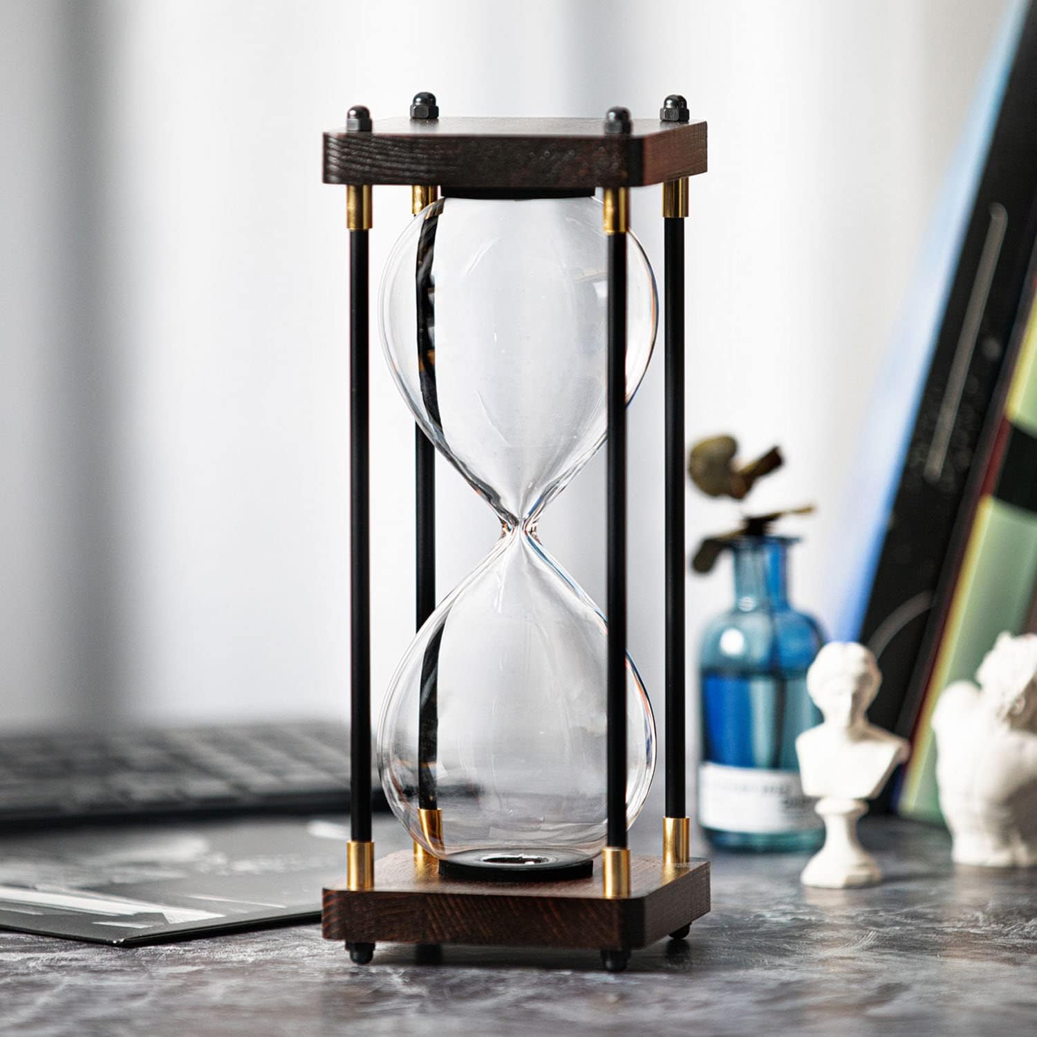 Temporizador de reloj de arena rellenable, temporizador de arena decorativo con marco de madera negro (reloj de arena vacío, tamaño grande)