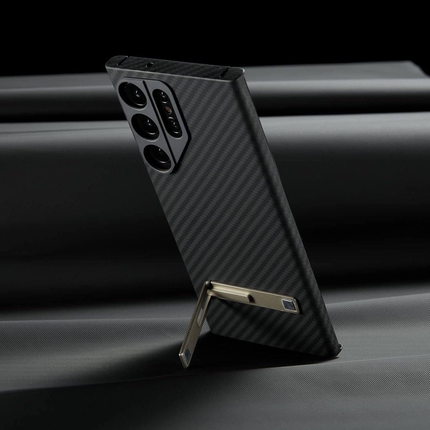 Funda compatible con Samsung Galaxy S23 Ultra, con soporte, fibra de carbono de aramida, diseño de moda para protección de lente de metal de
