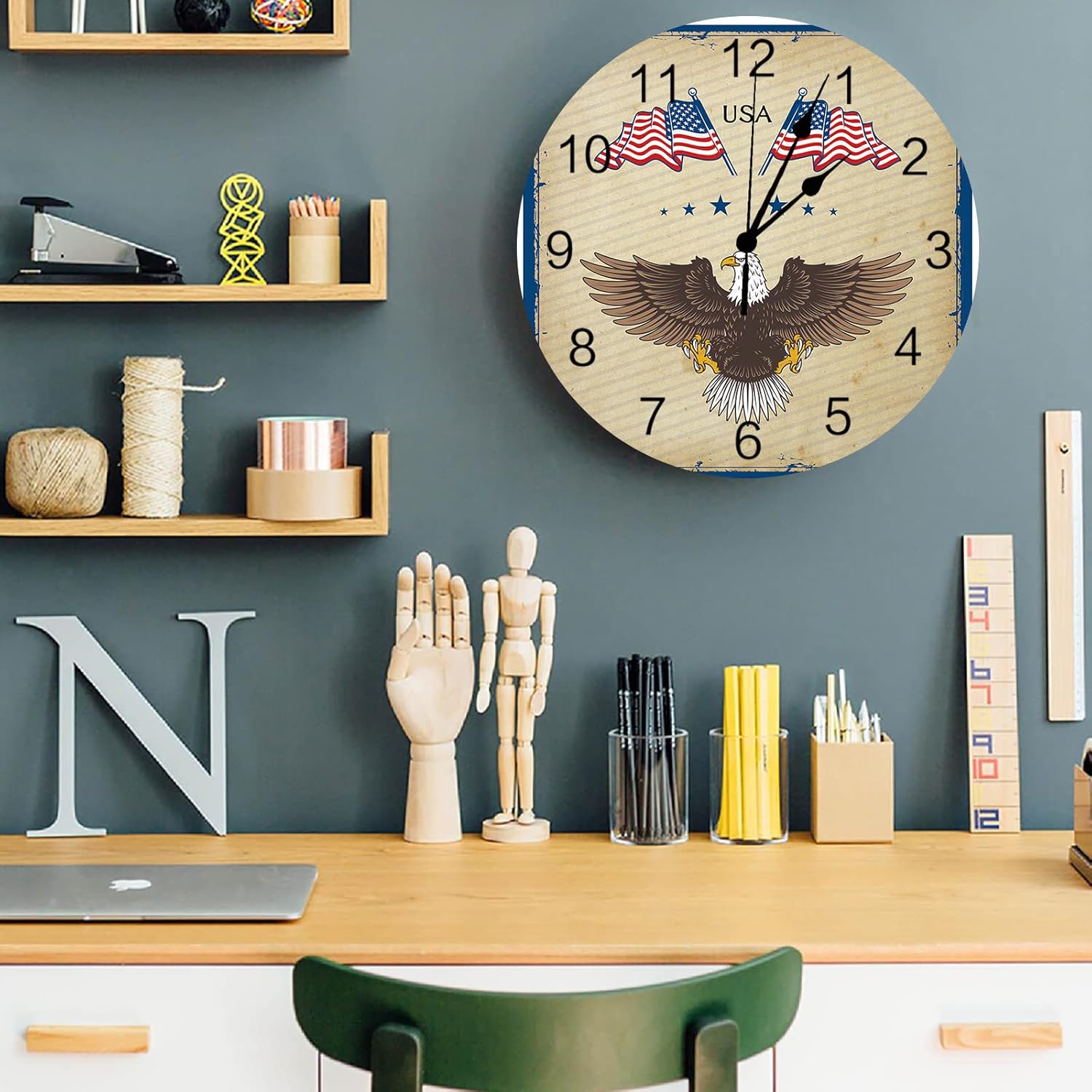Reloj de pared silencioso sin tictac para cocina del hogar, Día de la Independencia, bandera estadounidense, águila, patriótico, reloj de pared de