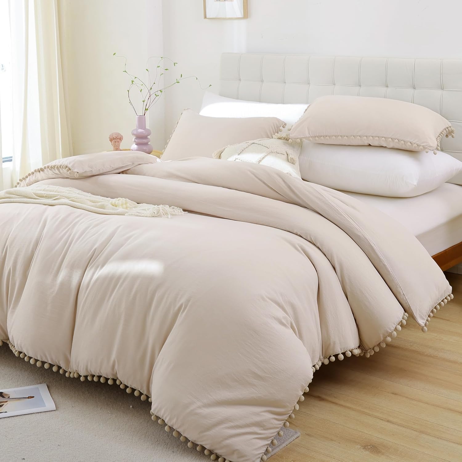 Smoofy Juego de edredón beige tamaño King con flecos y pompones, juego de ropa de cama de 3 piezas suave y cálido vintage con pompones (1 edredón