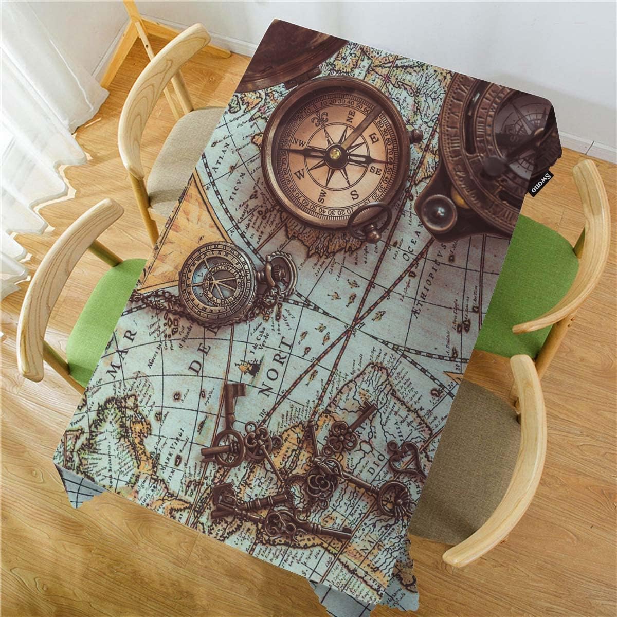 Swono Mantel rectangular con diseño de mapa del mundo antiguo, con brújula retro, llave de esqueleto, moneda, de bronce, mantel oblongo, de 52 x 70