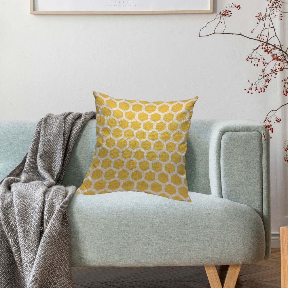 HOSNYE Funda de cojín con diseño de panales de abeja, color amarillo y blanco, patrón abstracto de algodón y lino para sofá, cama, sofá, automóvil,