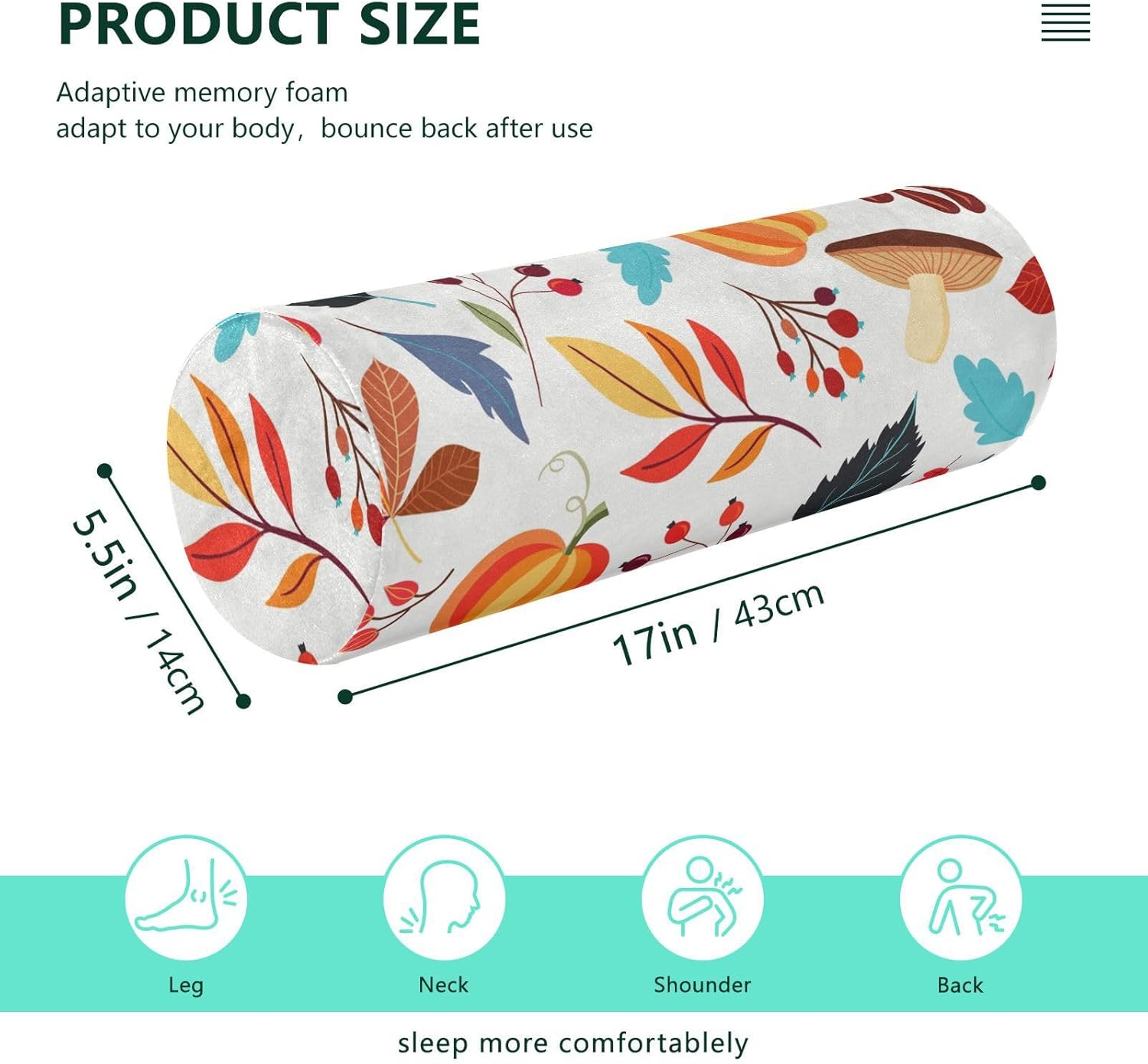 Autumn Pumpkins Fall Leaves Bolster Pillow Yoga Neck Roll Pillow with Cover Sofa Round Pillows Cylinder Pillow Cover Pillow for Knee Support