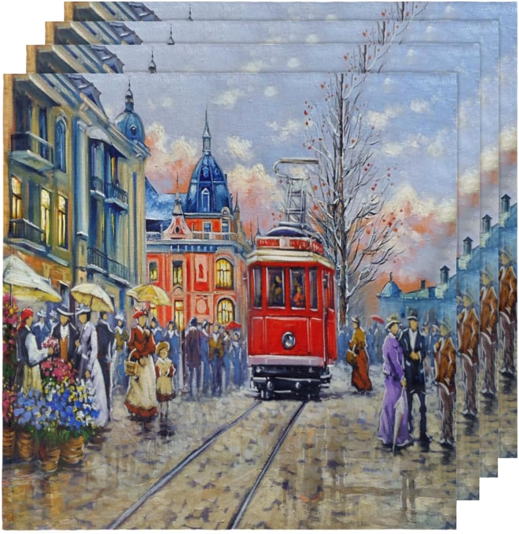 Cloth Napkins Set of 6 Paris Streets 20×20 Inch Cloth Napkins Oil Painting Washable Reusable Kitchen Dinner Napkins Table Decor for Wedding, Holiday