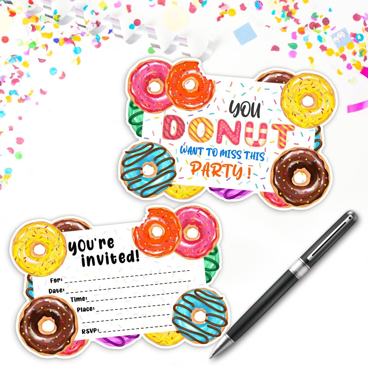 30 invitaciones de fiesta de donas con sobres, suministros de decoración de fiesta de cumpleaños de donas