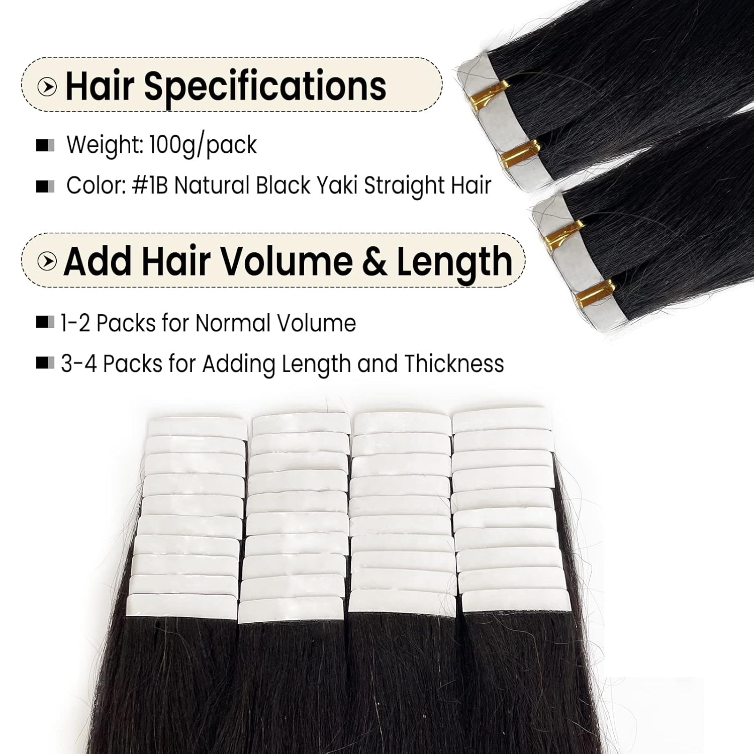 Yaki – Extensiones de cabello humano con cinta adhesiva para mujeres negras, 3.53 onzas, 40 unidades, color negro natural, extensiones de cabello
