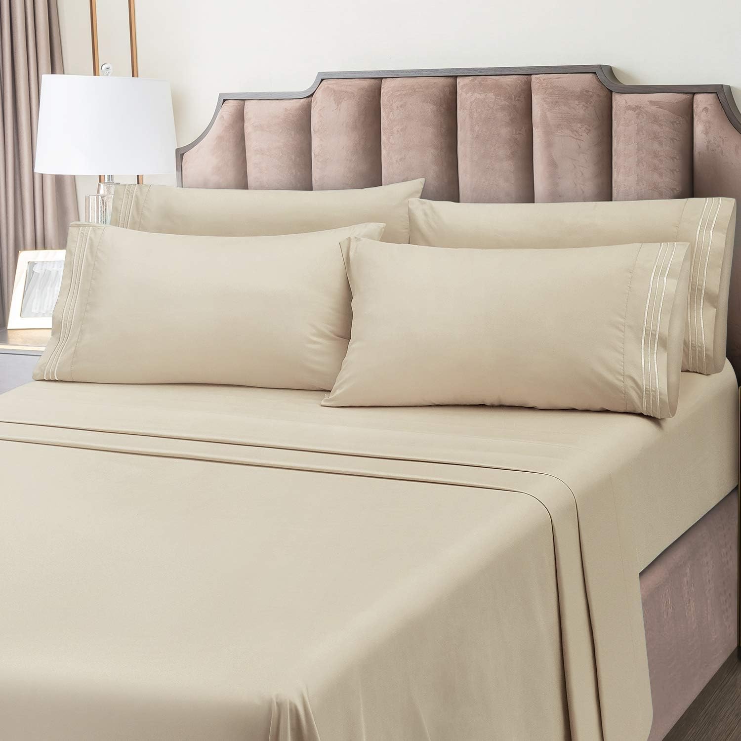 BYSURE Juego de sábanas de hotel con 4 fundas de almohada bordadas (tamaño King, crema), sábanas de microfibra de bolsillo profundo de 15 pulgadas,