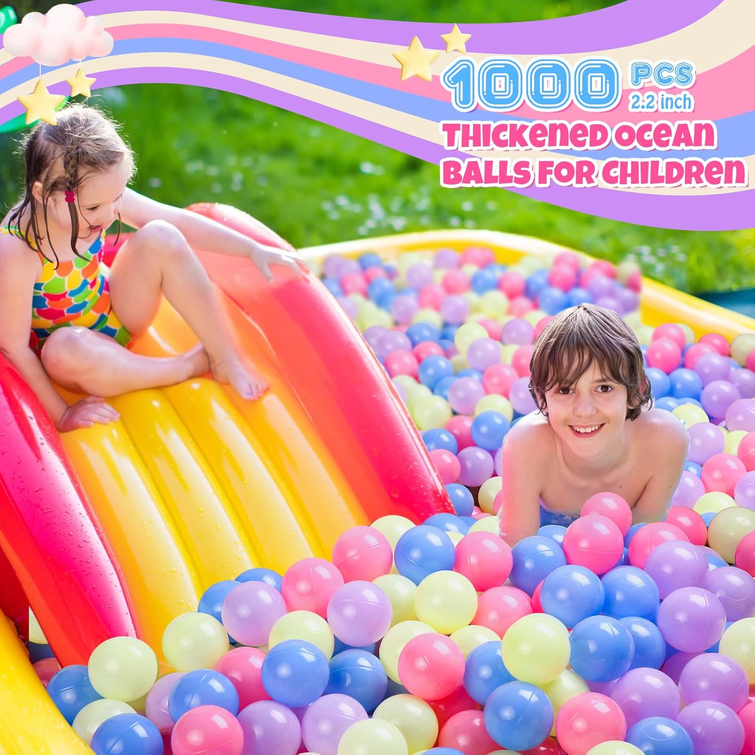 Meooeck Pelota colorida de 2.2 pulgadas de plástico suave a prueba de aplastamiento para exteriores, juguetes para piscina, casa, patio, accesorios