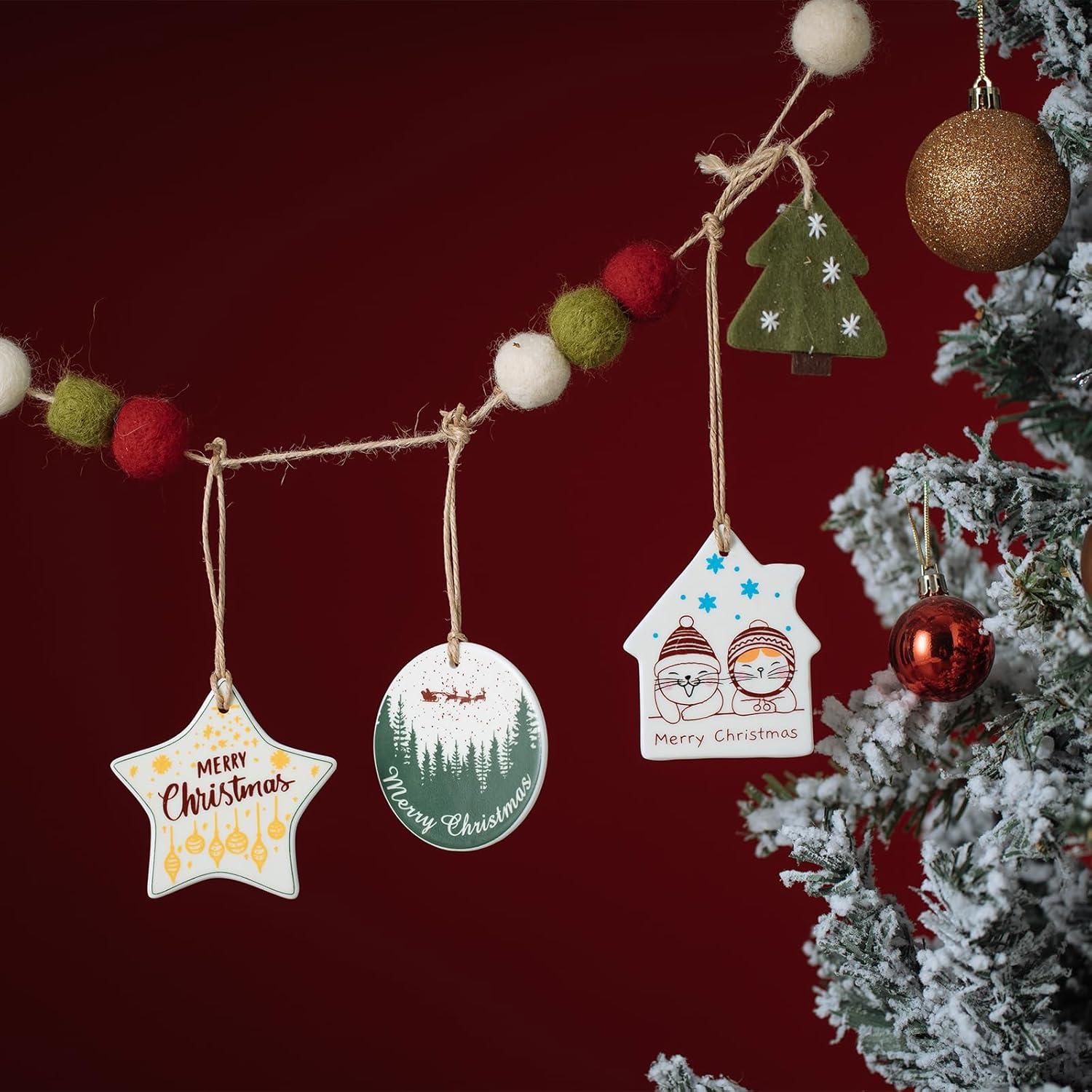 Adorno de Navidad brillante para árbol de Navidad, ciervo, regalo de boda, regalo de pareja, pareja de recién casados, redondo (blanco y verde)