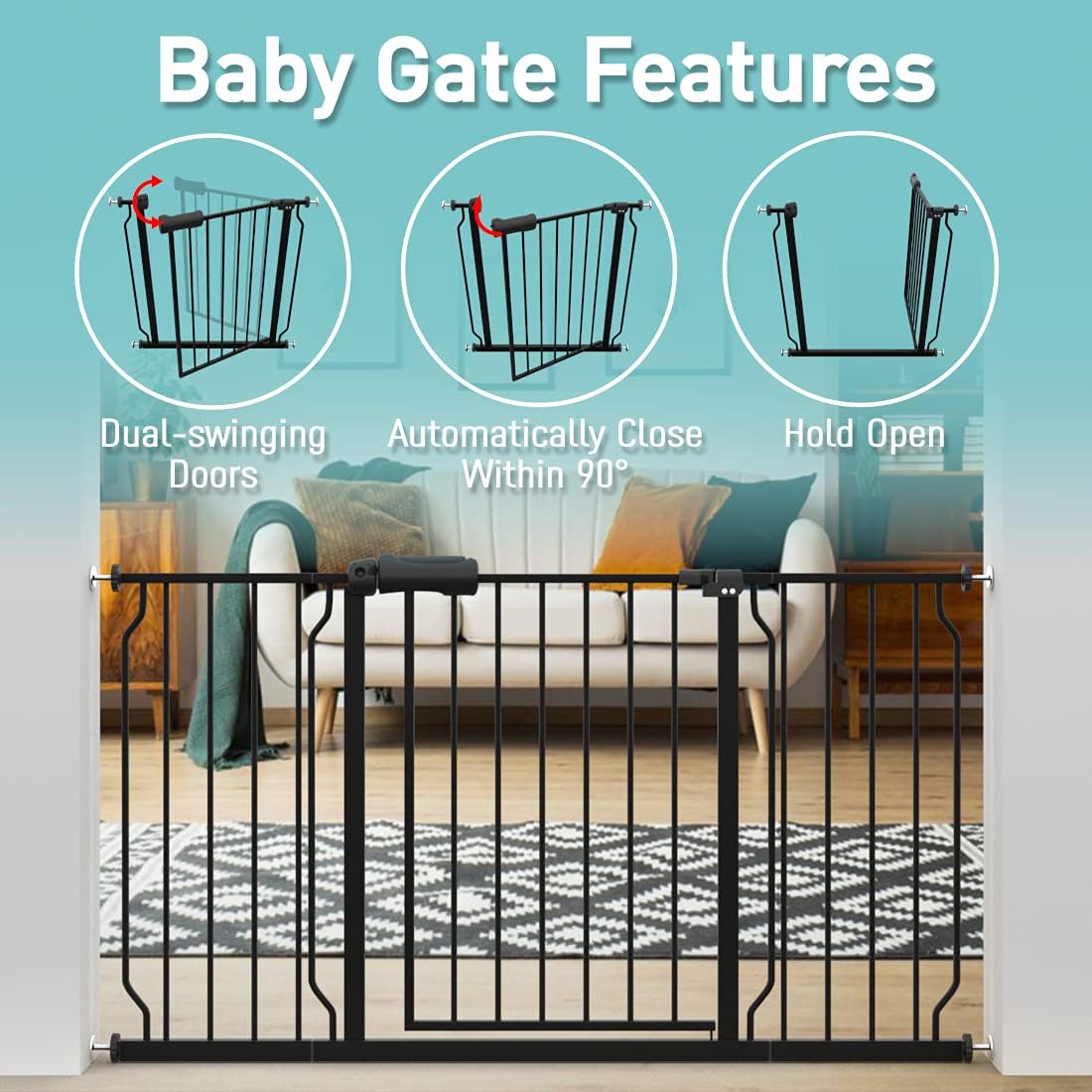 WAOWAO Baby Gate Extra Wide montado a presión a través de Swing Auto Close Seguridad Negro Metal Niño Niño Niño Perro Perro Perro Cachorro Gato para