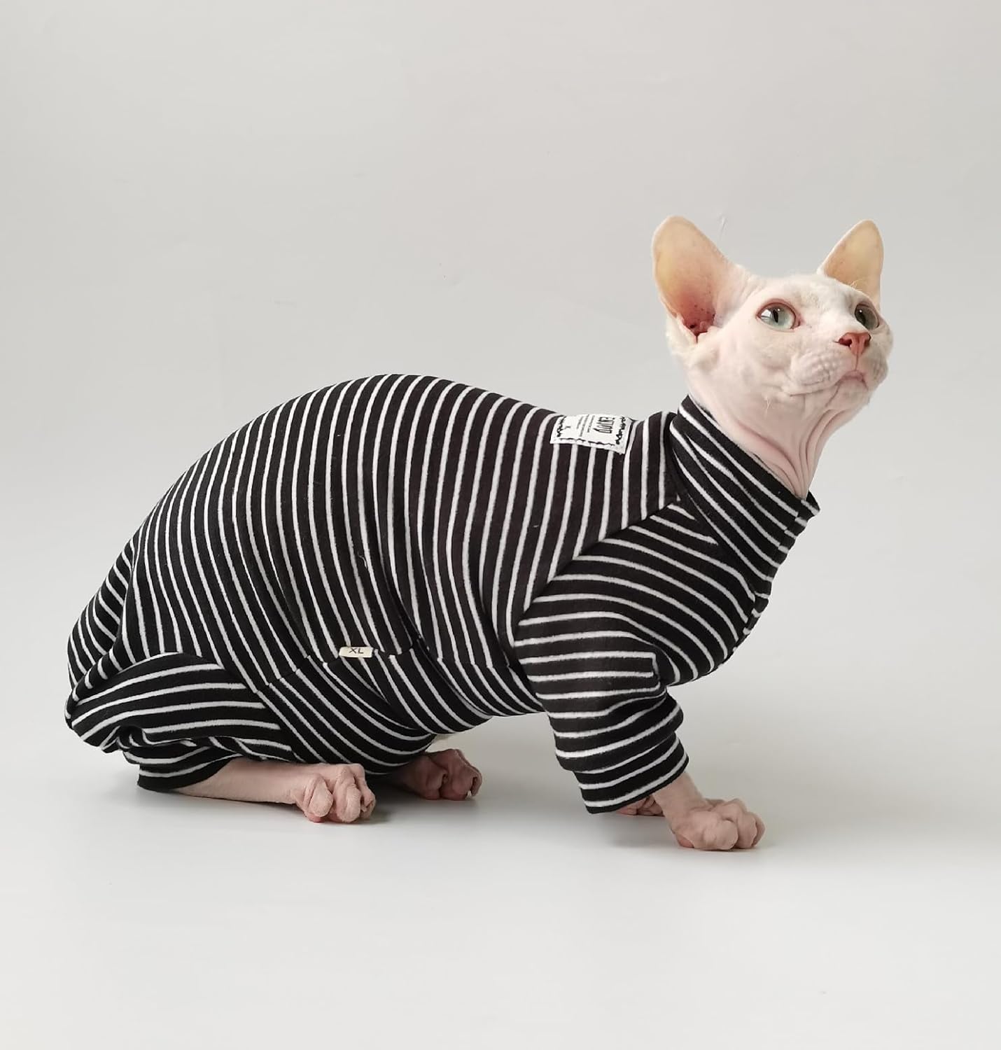 Ropa de gato sin pelo, overol de gato con pijama a rayas de 4 patas, ropa de esfinge, ropa de gato para gatos, mamelucos para mascotas, ropa de gato