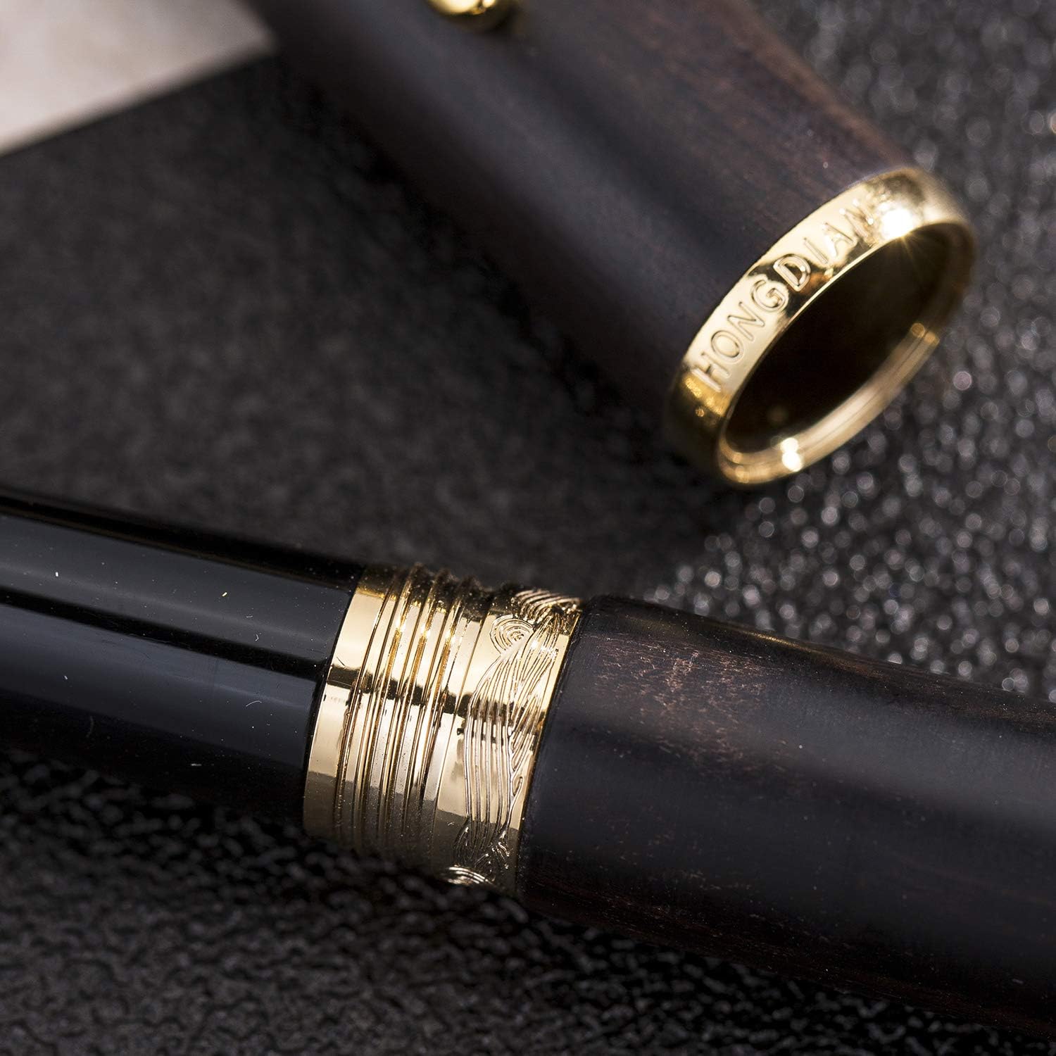 HongDian 660 pluma estilográfica de madera de ébano natural, pluma de escritura fina de iridio con estuche de metal