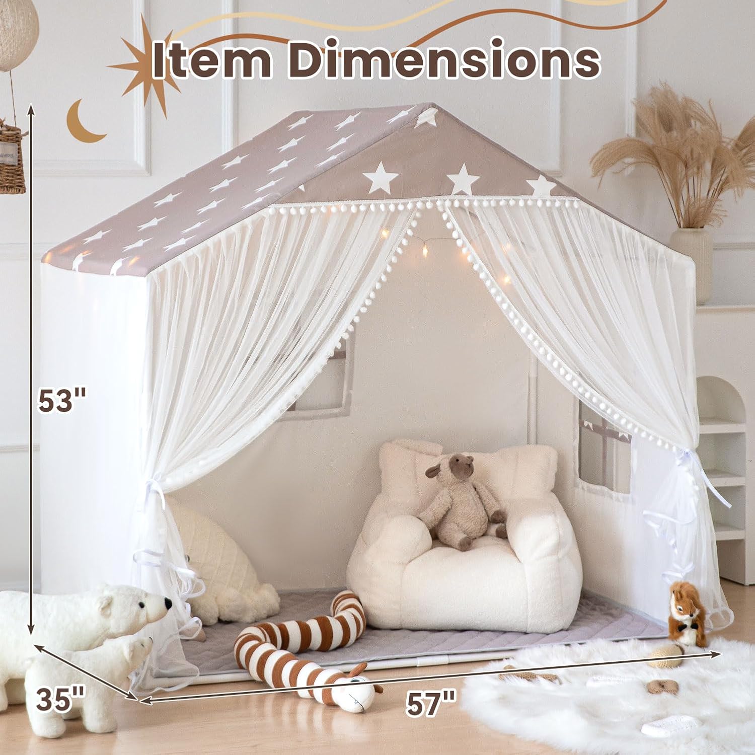 Tienda de campaña para niños con alfombra, tienda de campaña grande con cortinas de puerta de pompones, casa de juegos para niños para niñas y
