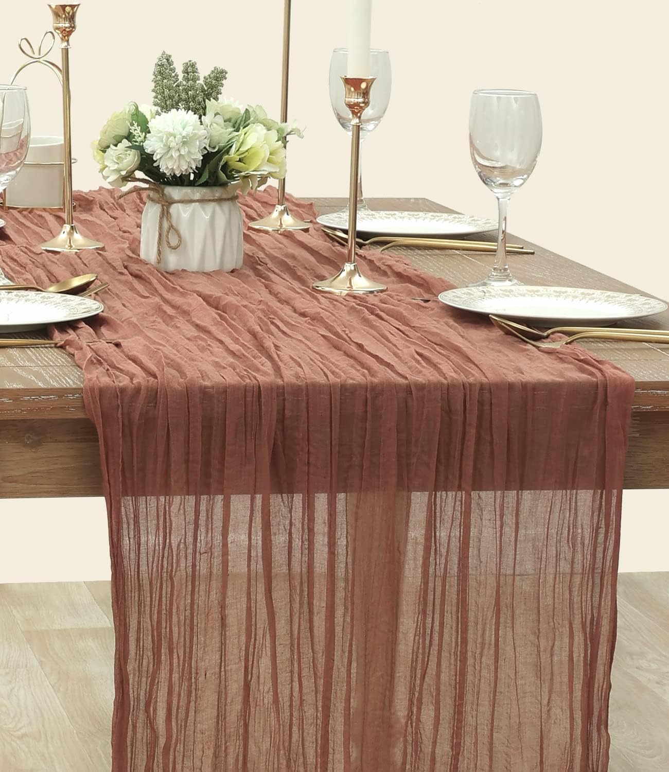 Socomi Camino de mesa de gasa de 10 pies, bohemio, rústico, color rosa oscuro, camino de mesa para boda, despedida de soltera, otoño, Acción de