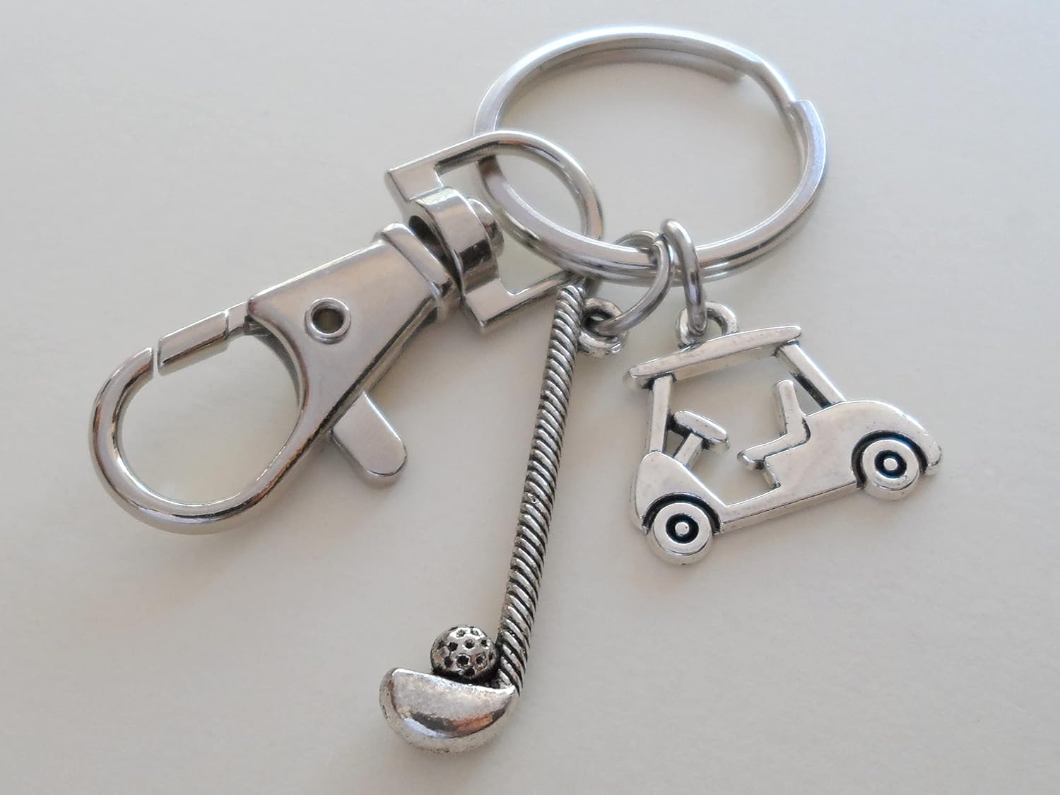 Golf Keychain with Golf Club Charm, Golf Cart Charm, and Swivel Clasp Hook, Golfer or Coach Keychain