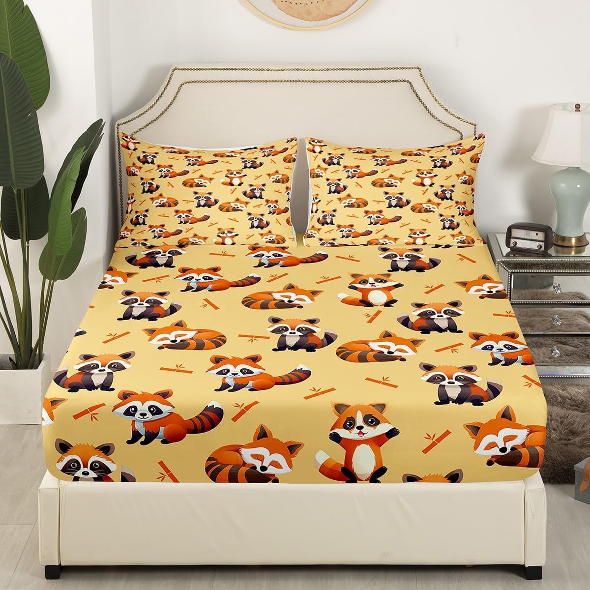 Feelyou Juego de ropa de cama de panda de dibujos animados para niños, sábanas de bambú con panda rojo para niños y niñas, decoración temática de