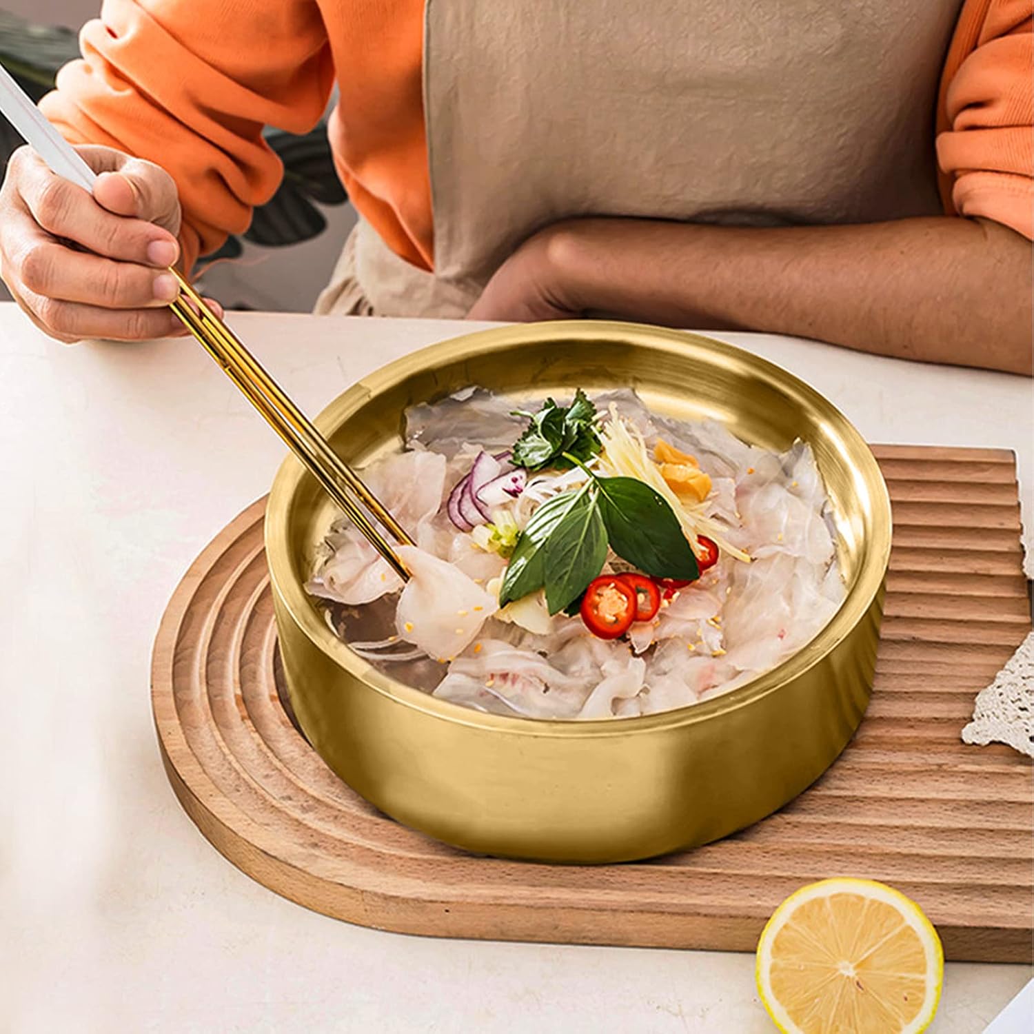 Bandejas frías de acero inoxidable dorado de 8.5 pulgadas, bandeja para servir aperitivos fríos con hielo, bandeja de servir helado para fiestas,