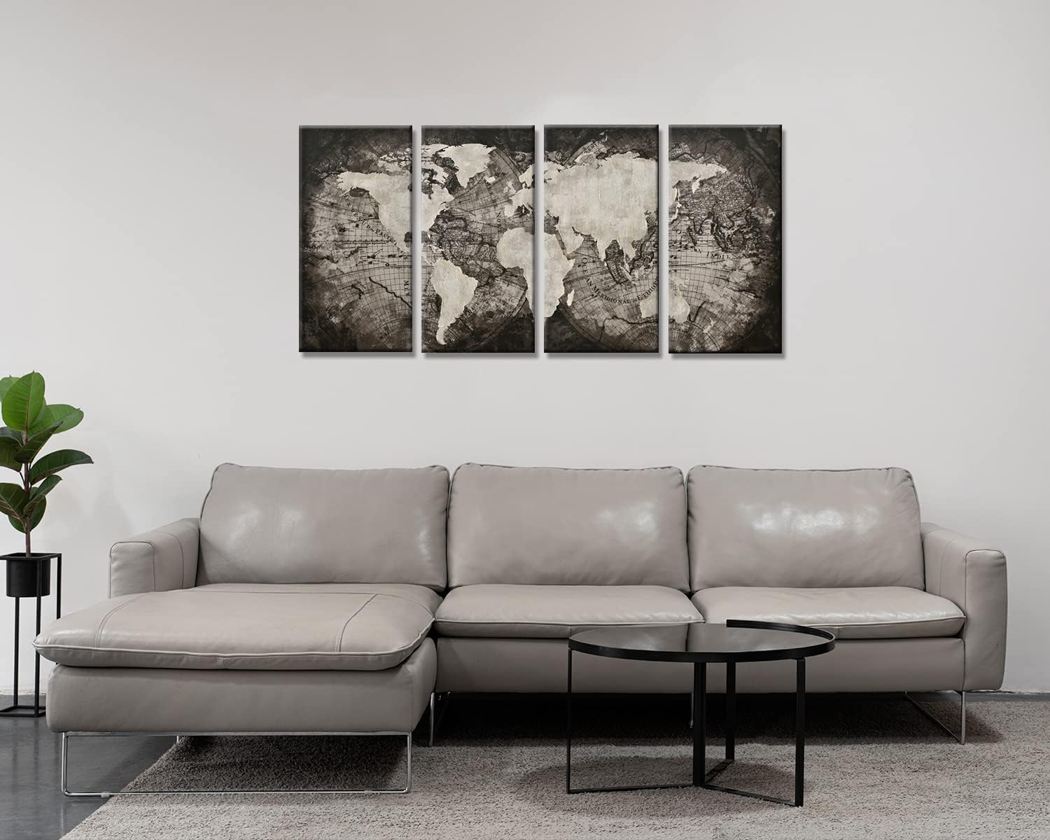Juego de 4 paneles de mapa del mundo grande, lienzo de arte para pared, lienzo negro con mapa antiguo, decoración de pared, sala de estar (negro, 16