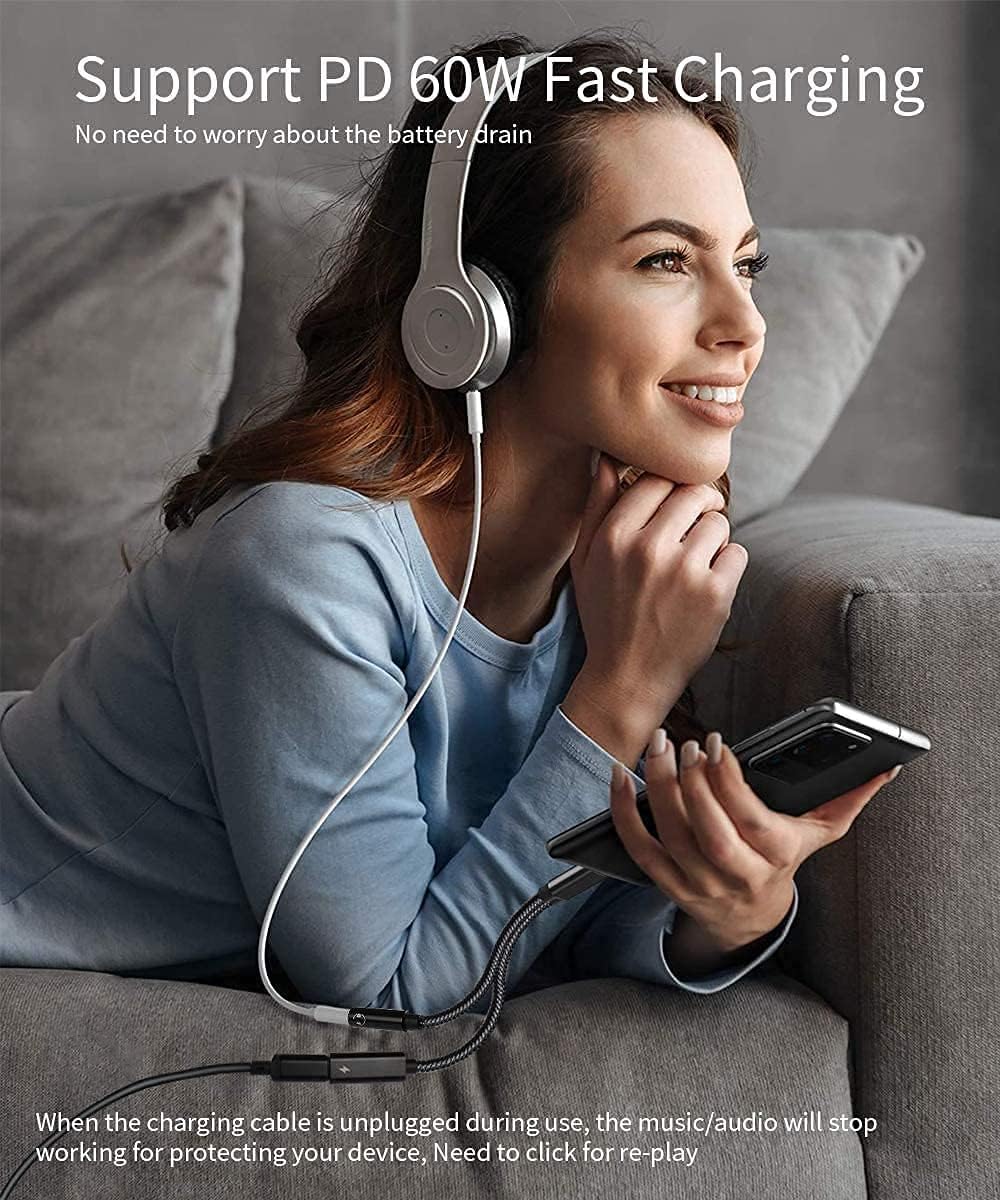 Adaptador para auriculares Samsung Galaxy S24 Ultra, 2 en 1 USB C a conector de auriculares de 0.138 in de alta resolución DAC y PD seguro de 60 W,