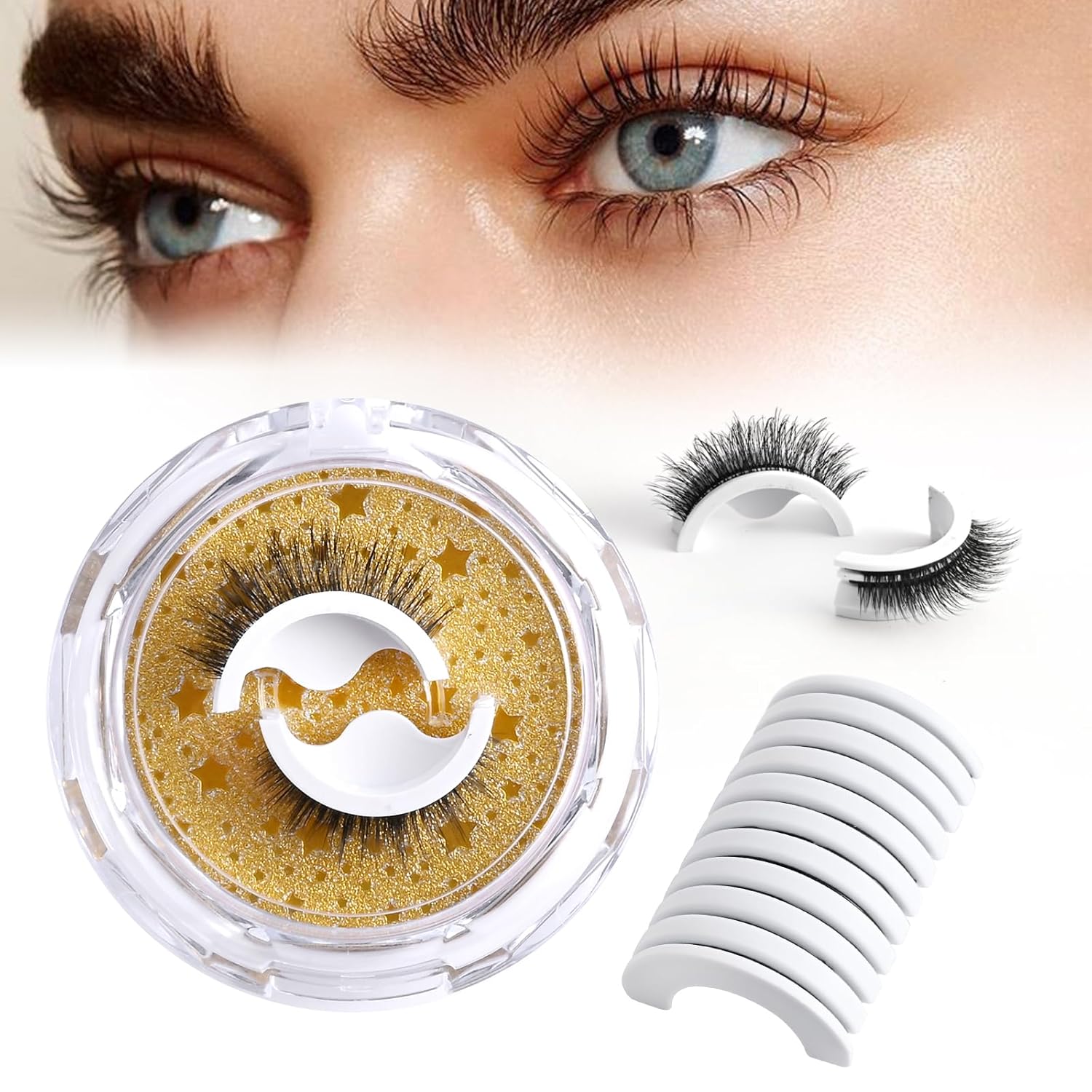 2 pares de pestañas autoadhesivas con 10 tiras autoadhesivas de repuesto de pegamento para pestañas, pestañas reutilizables sin delineador de ojos y