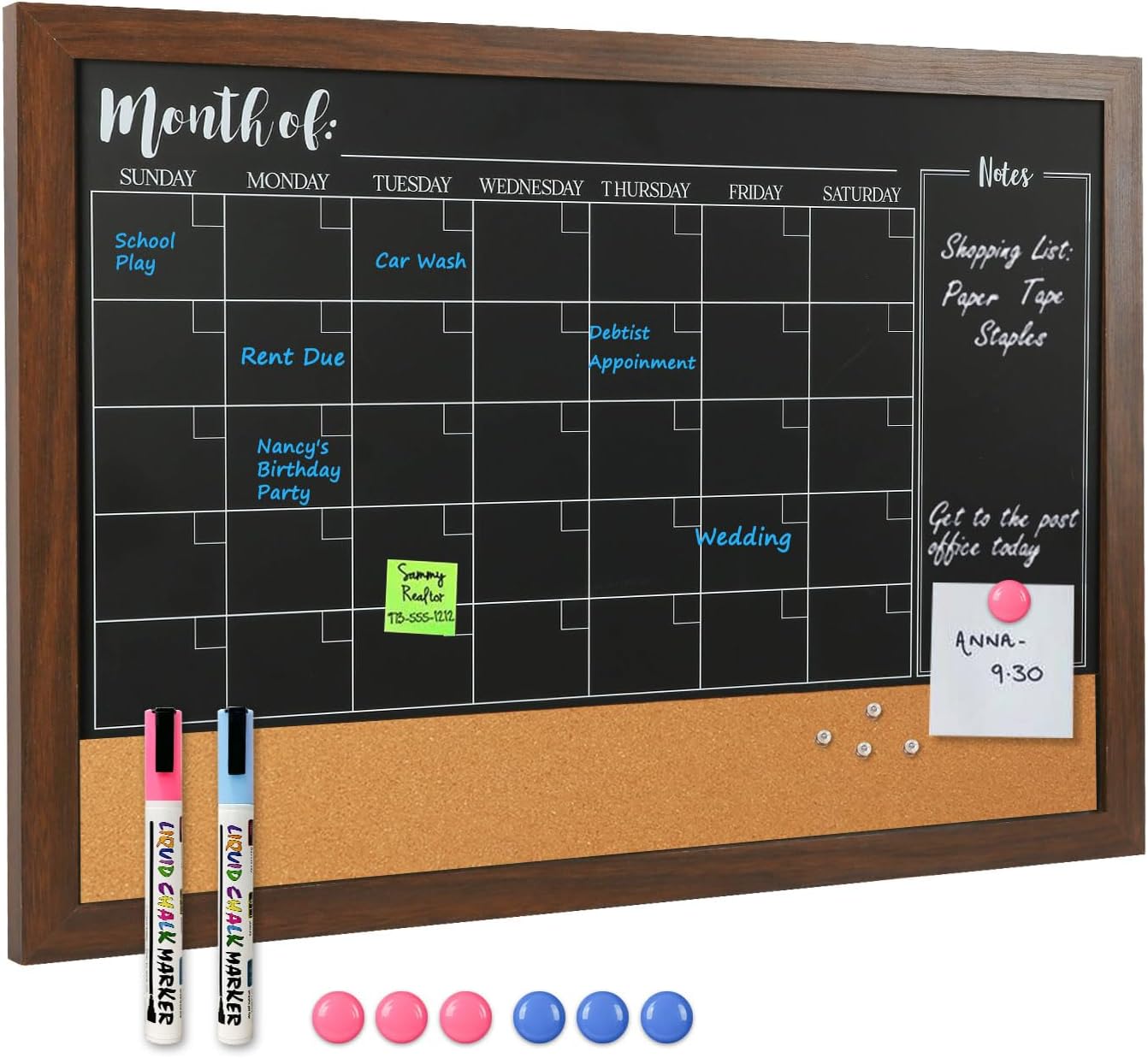 4 THOUGHT Pizarra de pizarra con calendario y corcho, tablero de anuncios de 18 x 24 pulgadas, pizarra magnética para pared, tablero de combinación