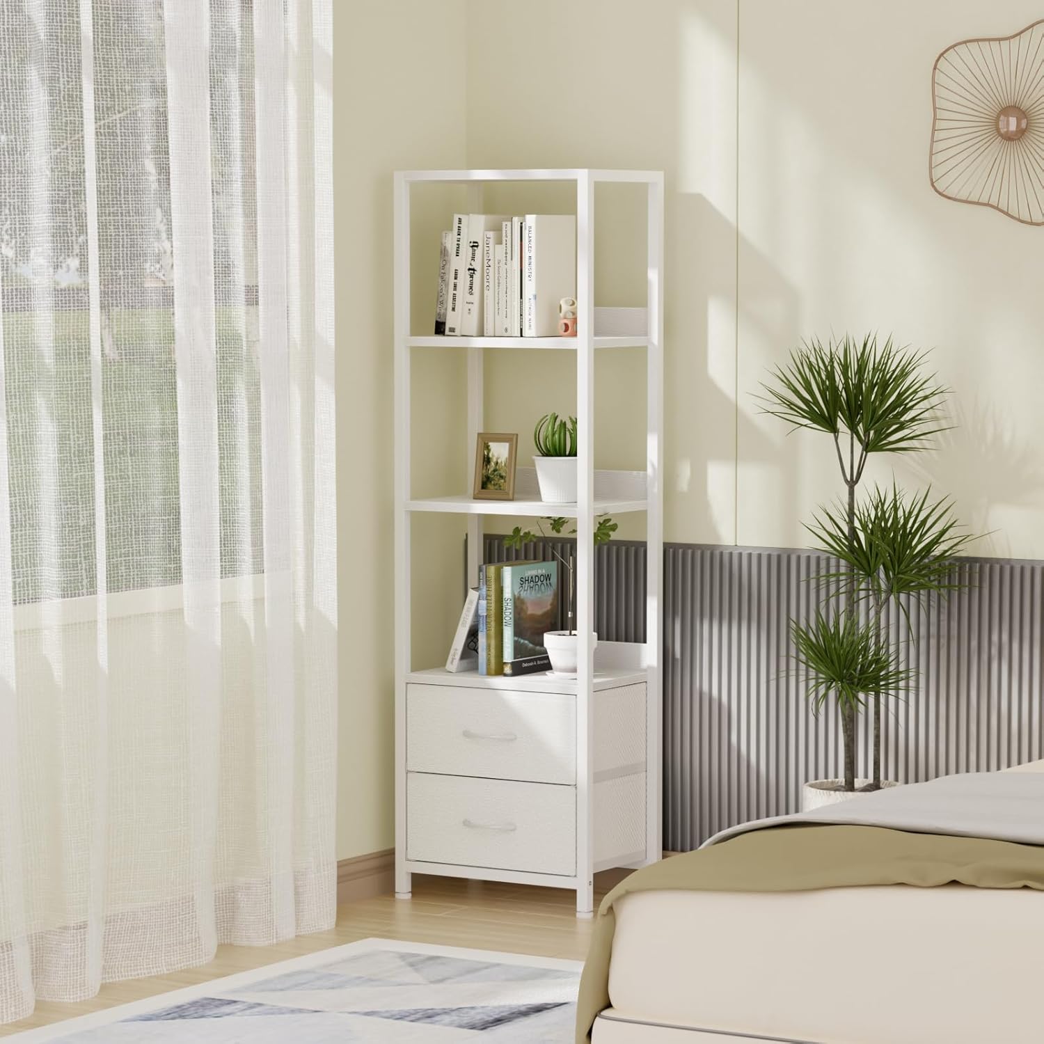 Furnulem Estante esquinero de 4 niveles, estantería con 2 cajones de almacenamiento, estantería estrecha de 57.28 pulgadas de alto, unidad