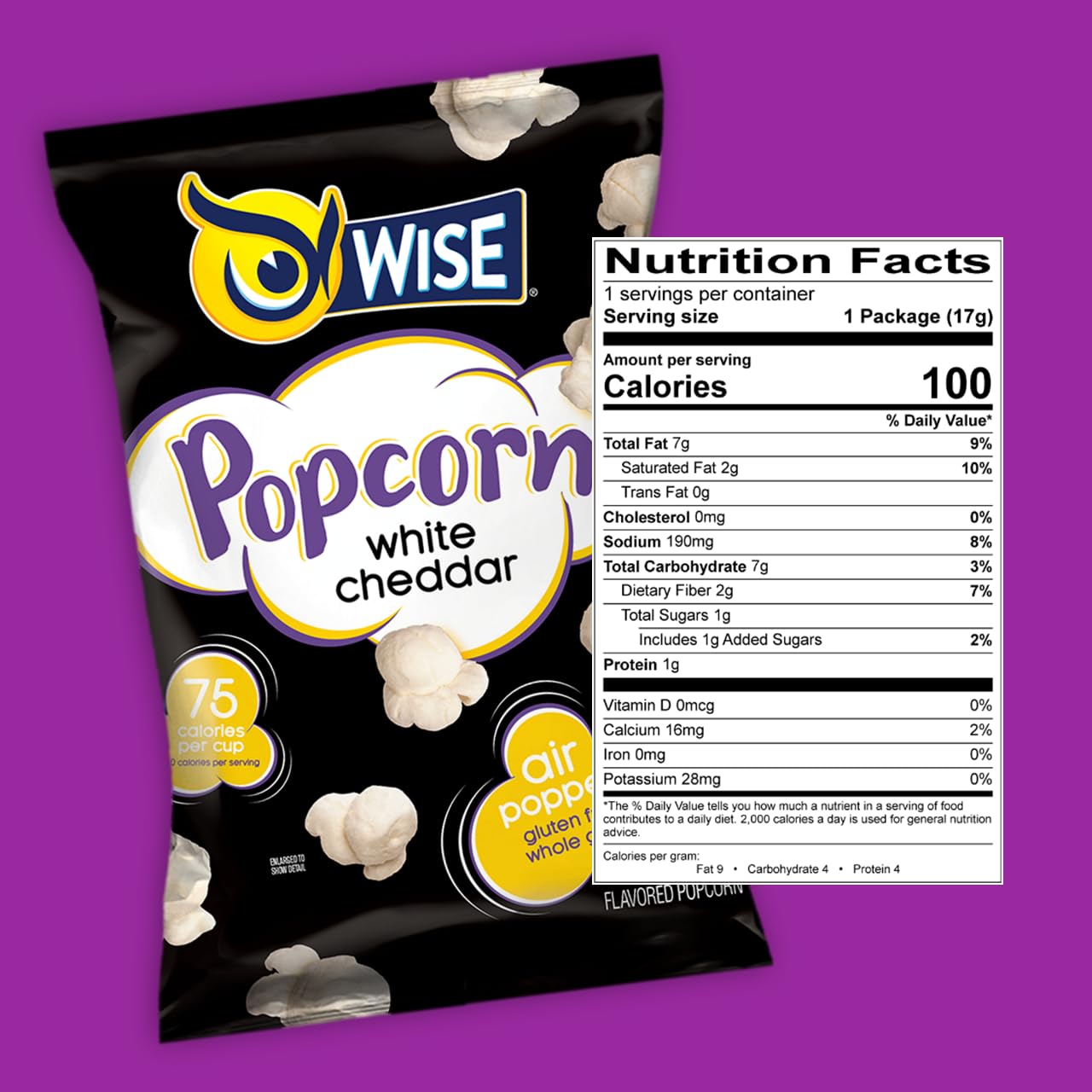 Wise Snacks – Palomitas de maíz cheddar blanco, 0.625 onzas (42 unidades), bolsas de tamaño individual para aperitivos, aperitivos saludables de