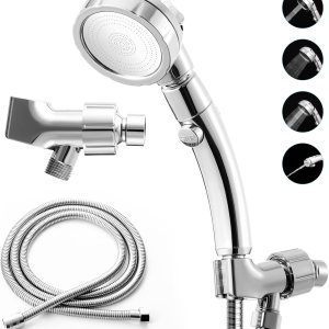 Marbrasse Cabezal de ducha de alta presión con manguera y soporte, cabezal de ducha de mano de 3 ajustes con interruptor y botón para controlar el Marbrasse Cabezal de ducha de alta presión con manguera y soporte, cabezal de ducha de mano de 3 ajustes con interruptor y botón para controlar el