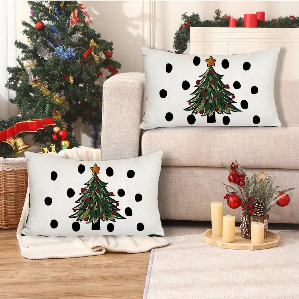 RABUSOFA Fundas de almohada de Navidad de invierno de 12 x 20 pulgadas, decoración de árbol de Navidad de lunares, almohadas lumbares de acuarela,