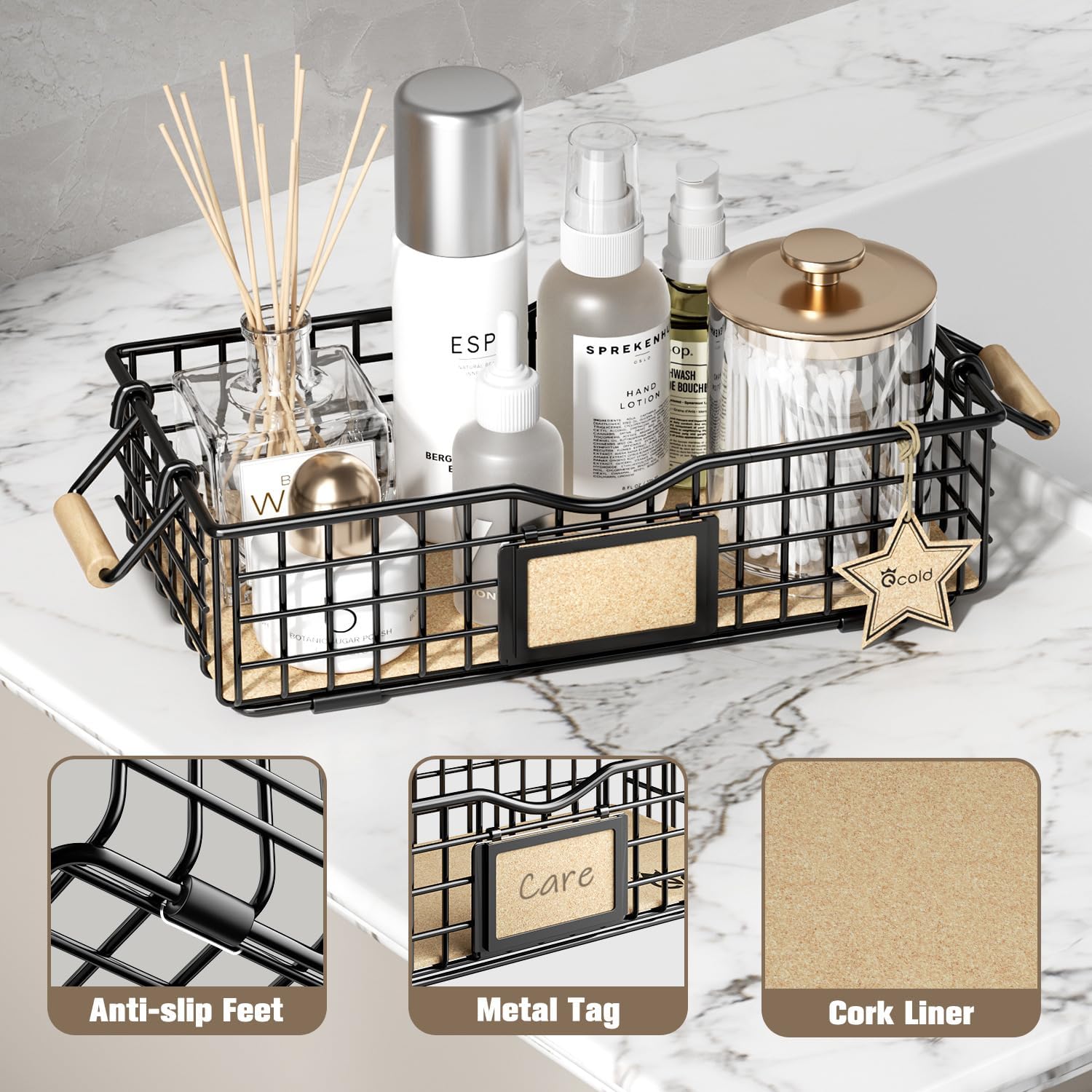 Cesta organizadora de baño, organizador de baño y almacenamiento, cesta de alambre de metal, organizador de encimera de baño con asas, cestas de