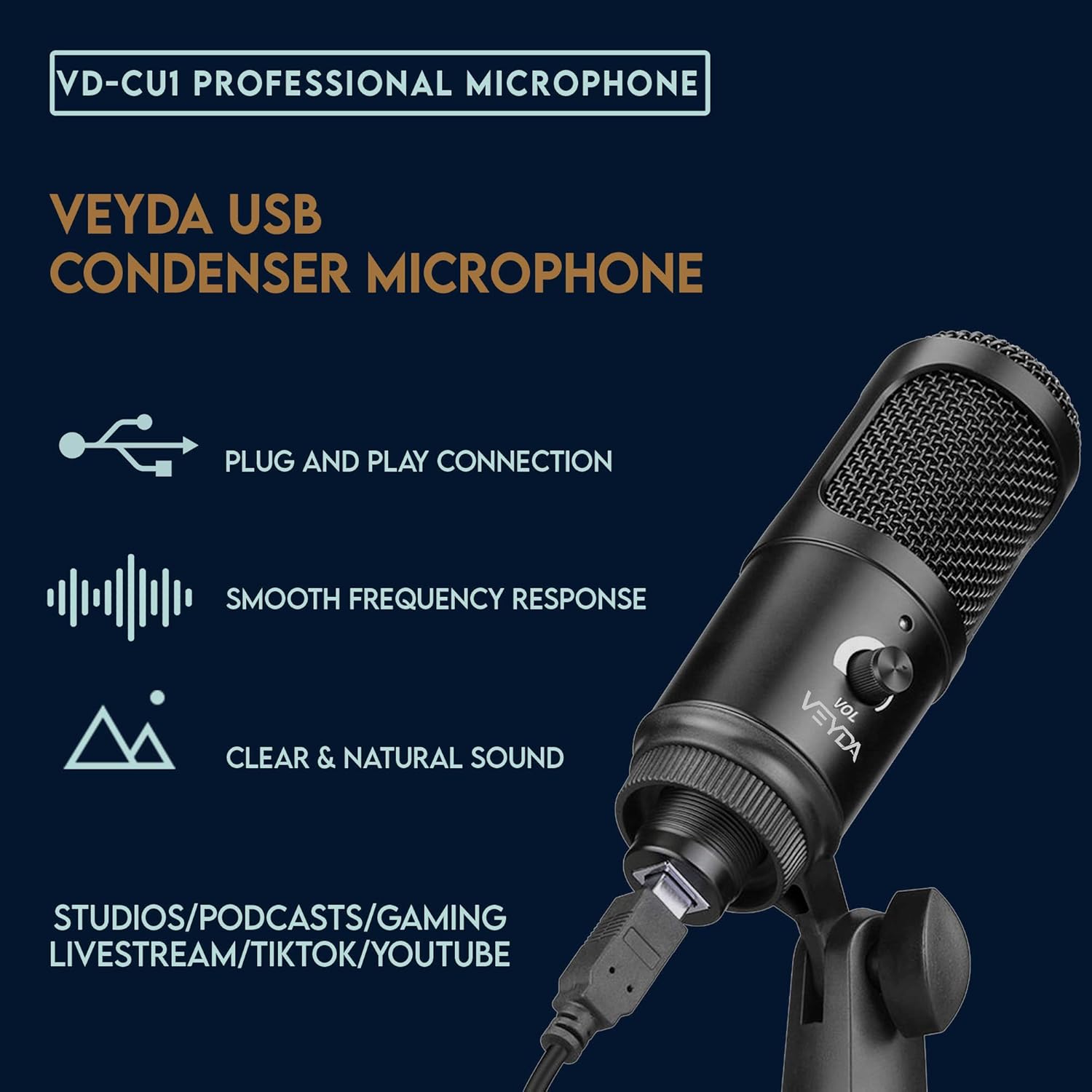 VEYDA – Micrófono de PC para podcast de transmisión USB, kit de micrófono de condensador cardioide de estudio profesional de 192 KHZ24 bits con