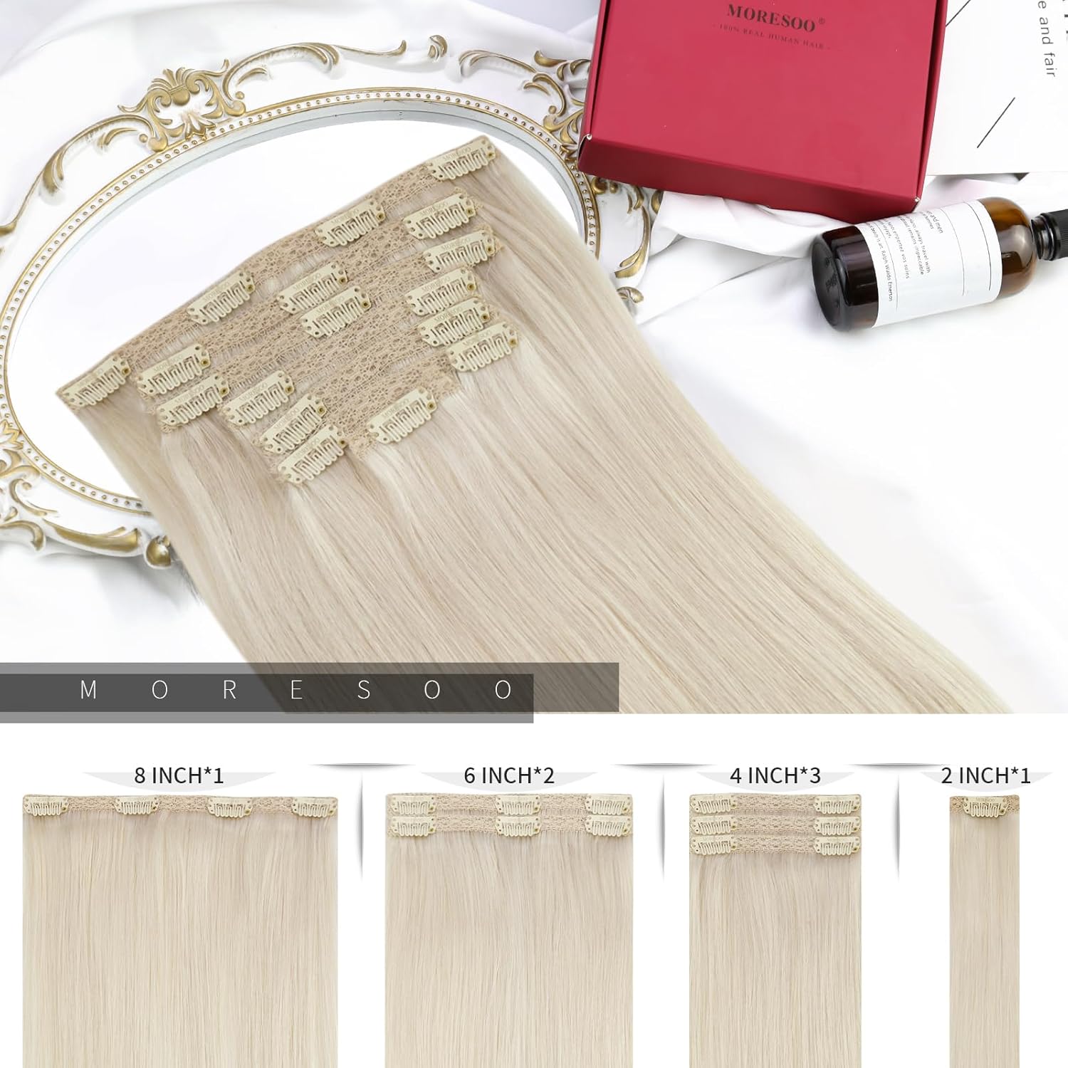 Moresoo Extensiones de cabello humano Remy con clip, color rubio platino, extensiones de cabello humano real de doble trama, color rubio #60, 18