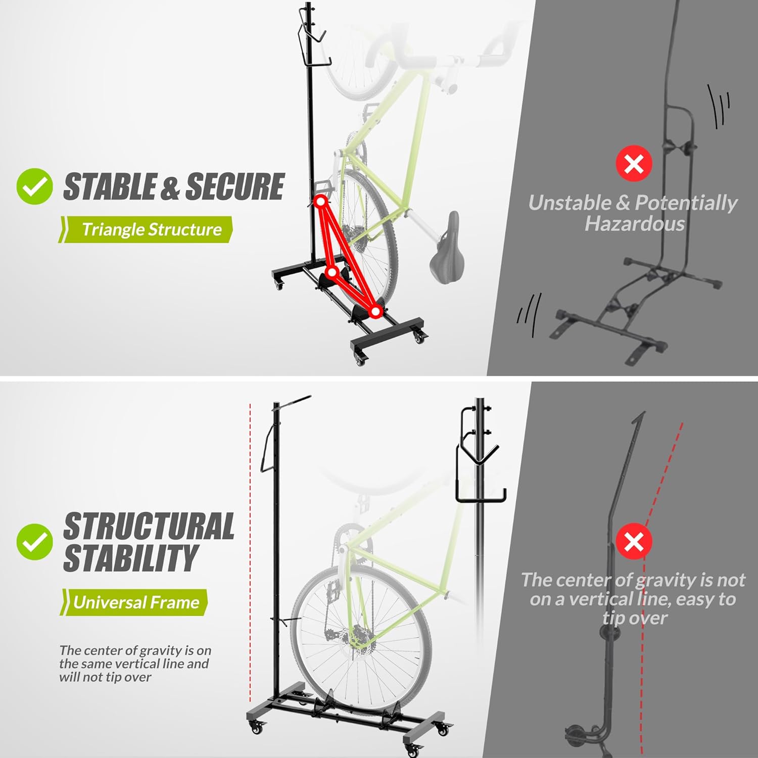 Soporte vertical para bicicleta, vertical y horizontal, altura ajustable, estante de almacenamiento de bicicletas para apartamento, estante de
