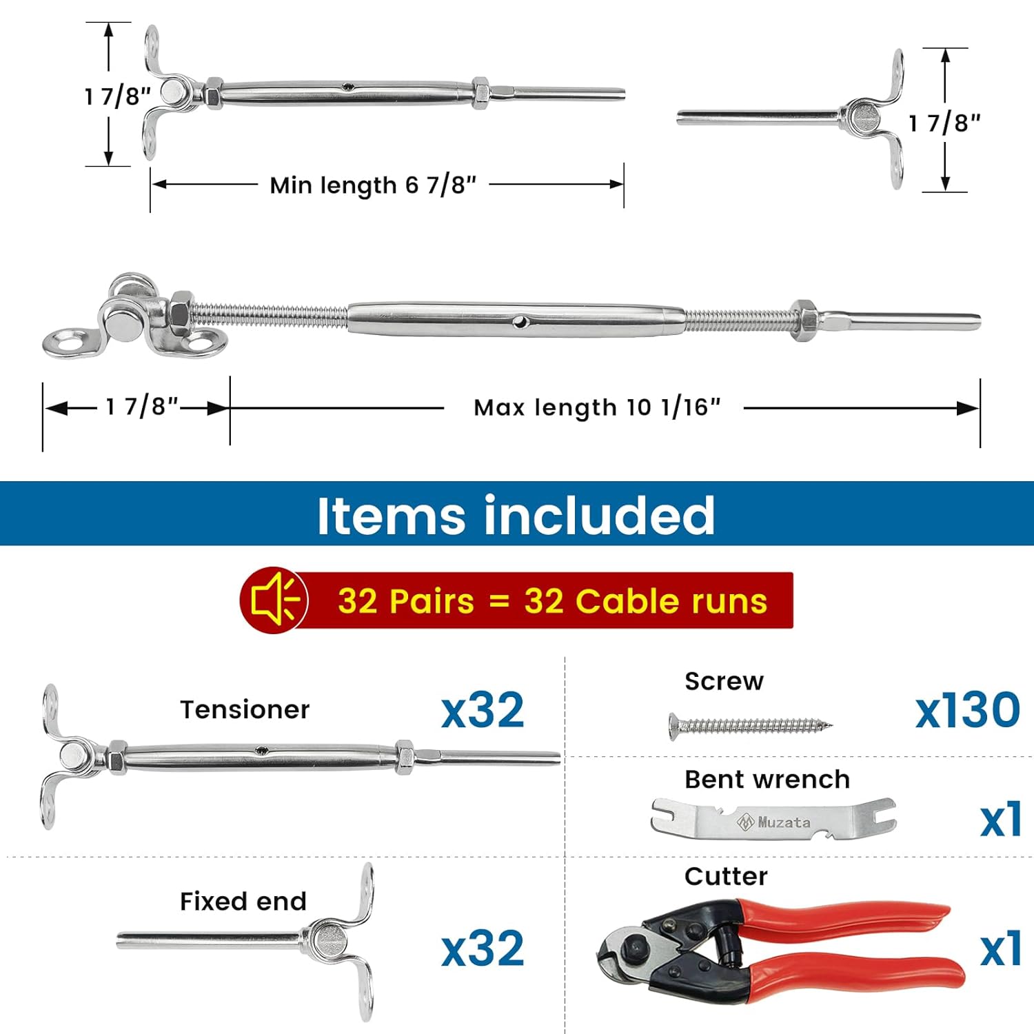 Muzata Kit de barandillas de cable de 32 pares de herrajes de 18 pulgadas, acero inoxidable T316 para poste de madera, ángulo de sistema fácil de