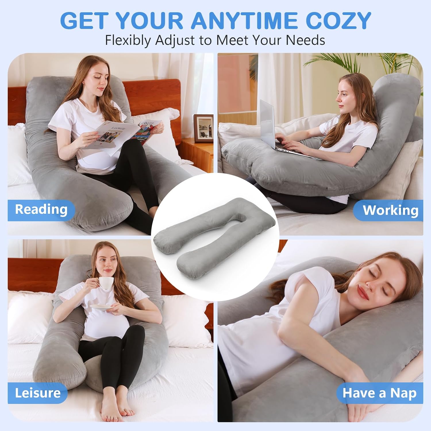 Almohadas de embarazo, almohada de cuerpo completo en forma de U con funda de terciopelo lavable, almohadas de embarazo de maternidad de 55 pulgadas