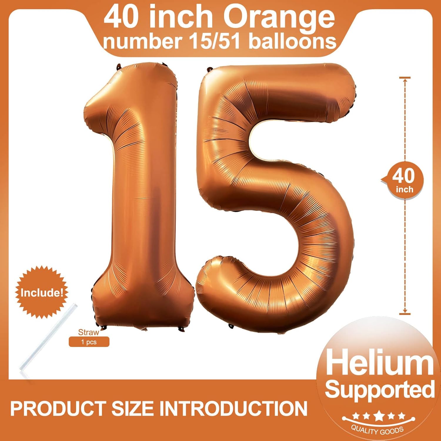Globos naranjas gigantes de 40 pulgadas, globos de helio de aluminio con el número 15 para fiesta de cumpleaños de 15 años, suministros de