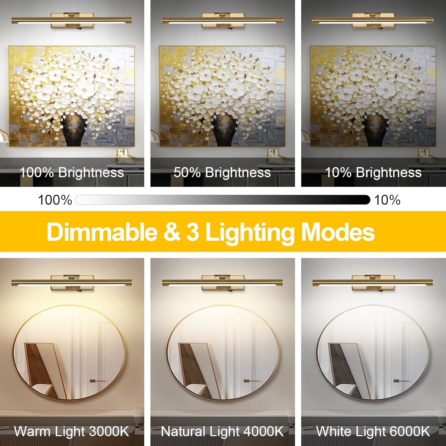 OPMRE Moderna luz LED regulable de 15.75 pulgadas, luz de imagen de latón, la pantalla puede girar hacia arriba y hacia abajo 270 grados, 3