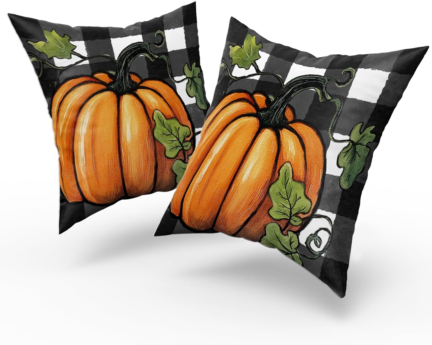 Juego de 2 fundas de almohada de otoño de 18 x 18 pulgadas, diseño de calabaza, negro y blanco, a cuadros, decoración del hogar, cosecha de otoño,
