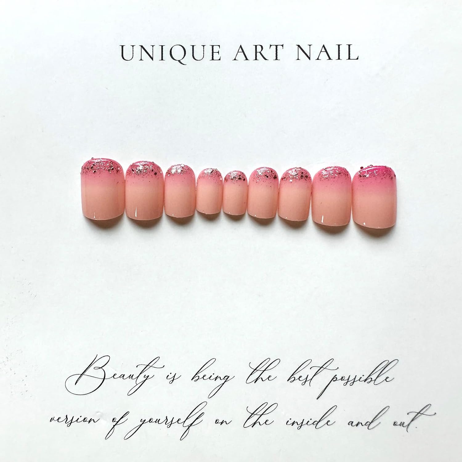 Uñas postizas cuadradas a presión, uñas postizas cortas de color rosa degradado, con diseño de purpurina rosa, lindo cobertura completa, uñas