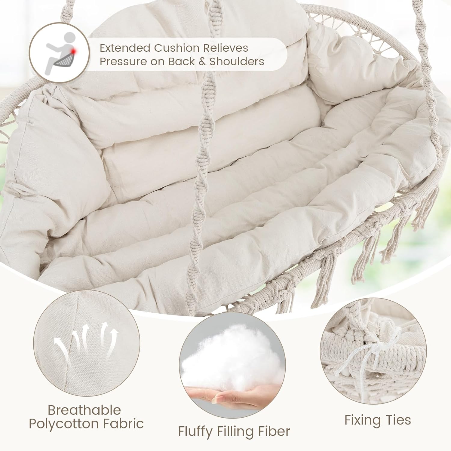 Giantex Hammock Chair, Macrame Hanging Chair with Removable Cushion, Romantic Tassels, Outdoor Indoor Rope Chair for Relax in Bedroom, Porch,