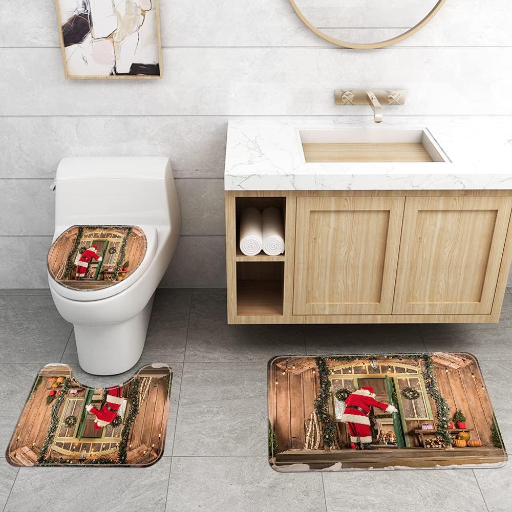 Juego de 4 cortinas de ducha navideñas con alfombras, cubierta de tapa de inodoro y tapete de baño, cortina de ducha de Papá Noel con 12 ganchos,