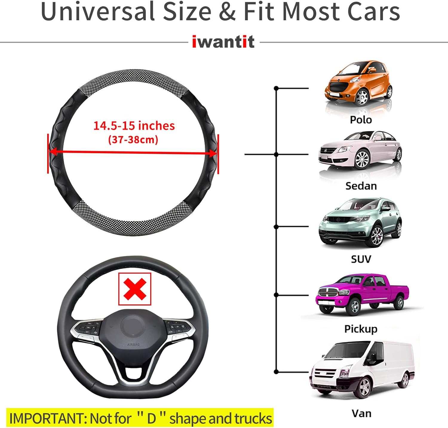 Iwantit Fundas de gel para volante, de piel con lunares y anillo interior antideslizante, ajuste universal de 14.5-15 pulgadas para automóviles,