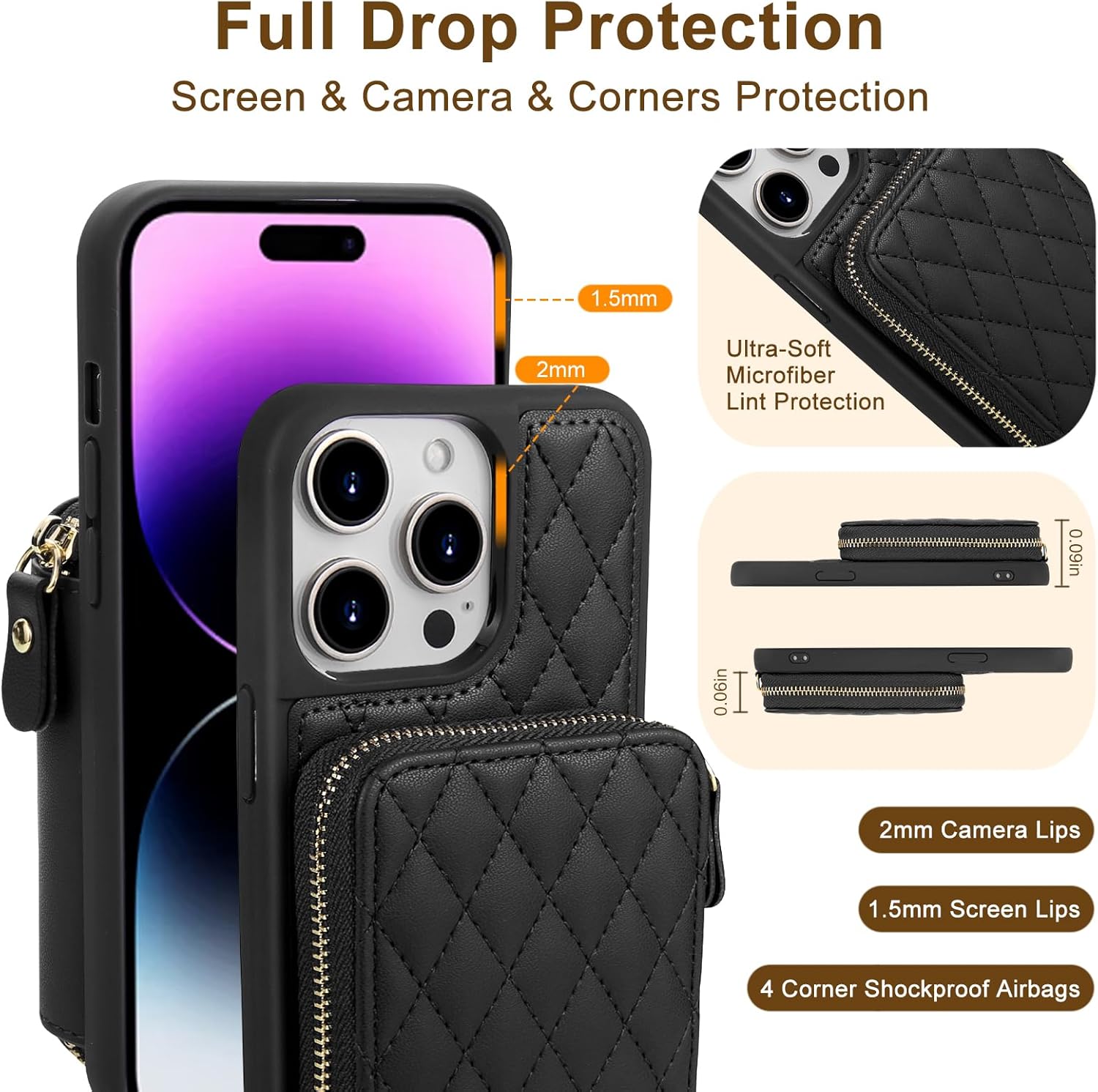Funda tipo cartera cruzada compatible con iPhone 15 Pro Max con correa de bloqueo RFID, cierre de cremallera, funda de cuero acolchada para