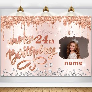 Cartel personalizable de decoración de feliz cumpleaños número 24 de oro rosa, personalizado con nombre y foto Cartel personalizable de decoración de feliz cumpleaños número 24 de oro rosa, personalizado con nombre y foto