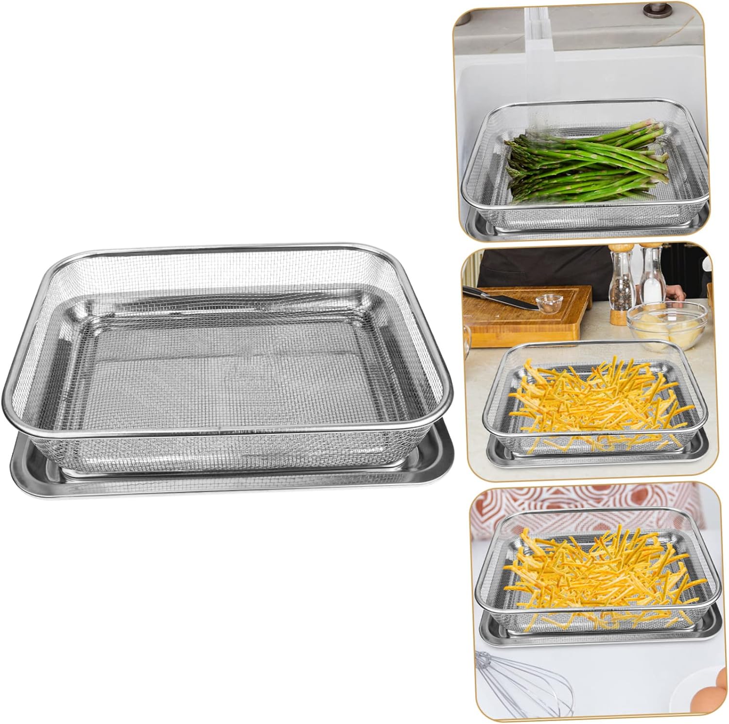 1 juego de mesa para freír frutas fritas, cesta de frutas fritas, verduras de drenaje, colador de freidora de acero inoxidable, soporte de equipo,