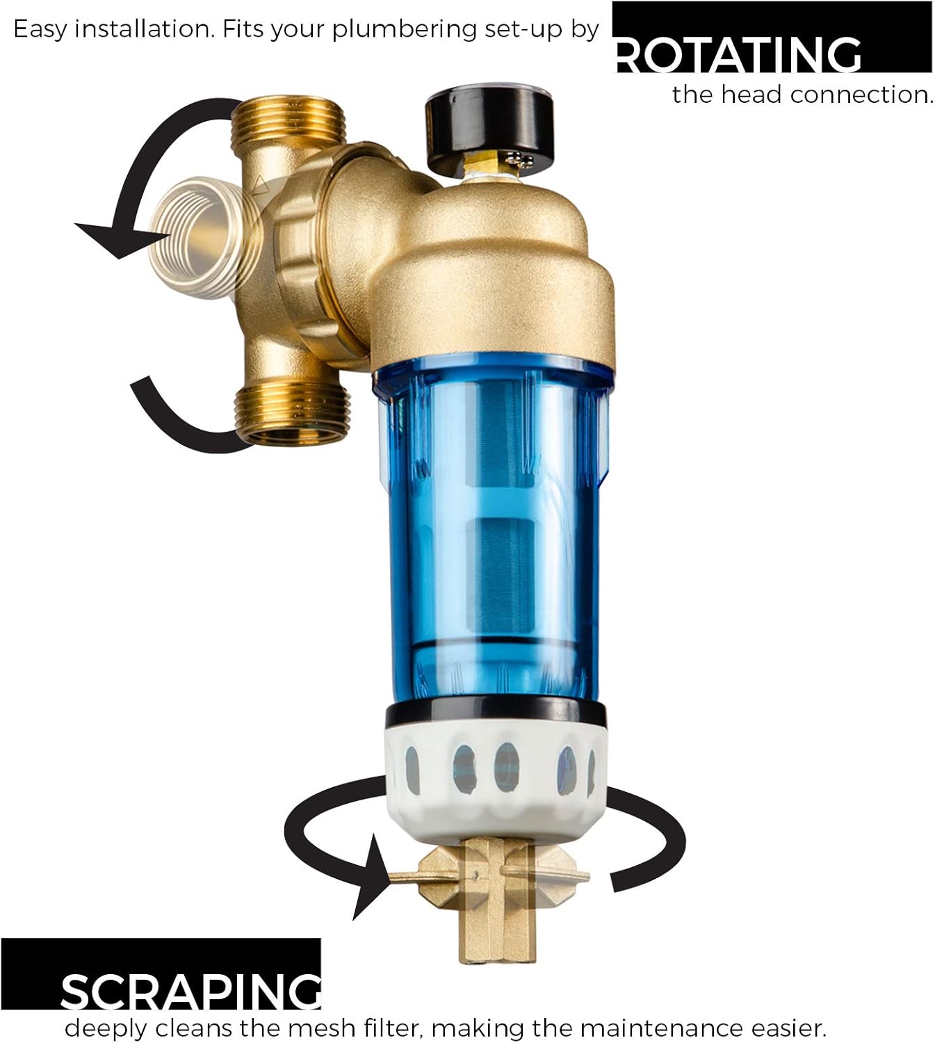 iSpring WSP100GR Reusable Spin Down Sediment Water Filter 100 Micron with Built-in Housing Scraper, 360 Rotatable Head, Pressure Gauge, Blue