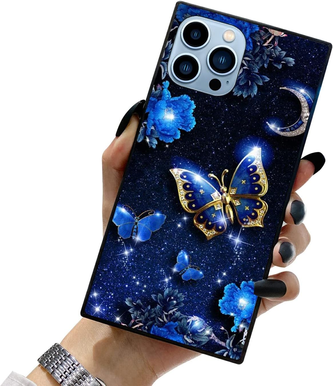 Funda cuadrada compatible con iPhone 13 Pro Max, elegante funda de mariposa azul para iPhone 13 Pro Max para niñas y mujeres, patrón de moda con