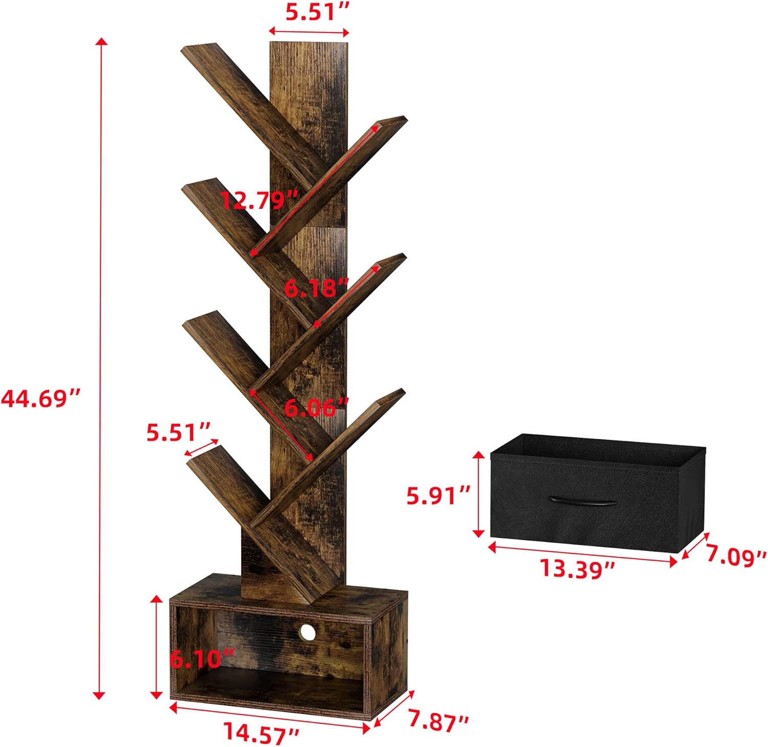Egepon Estantería de árbol de 6 niveles con cajón, estante rústico marrón para libros, estante de almacenamiento de pie para CDs, películas, libros,