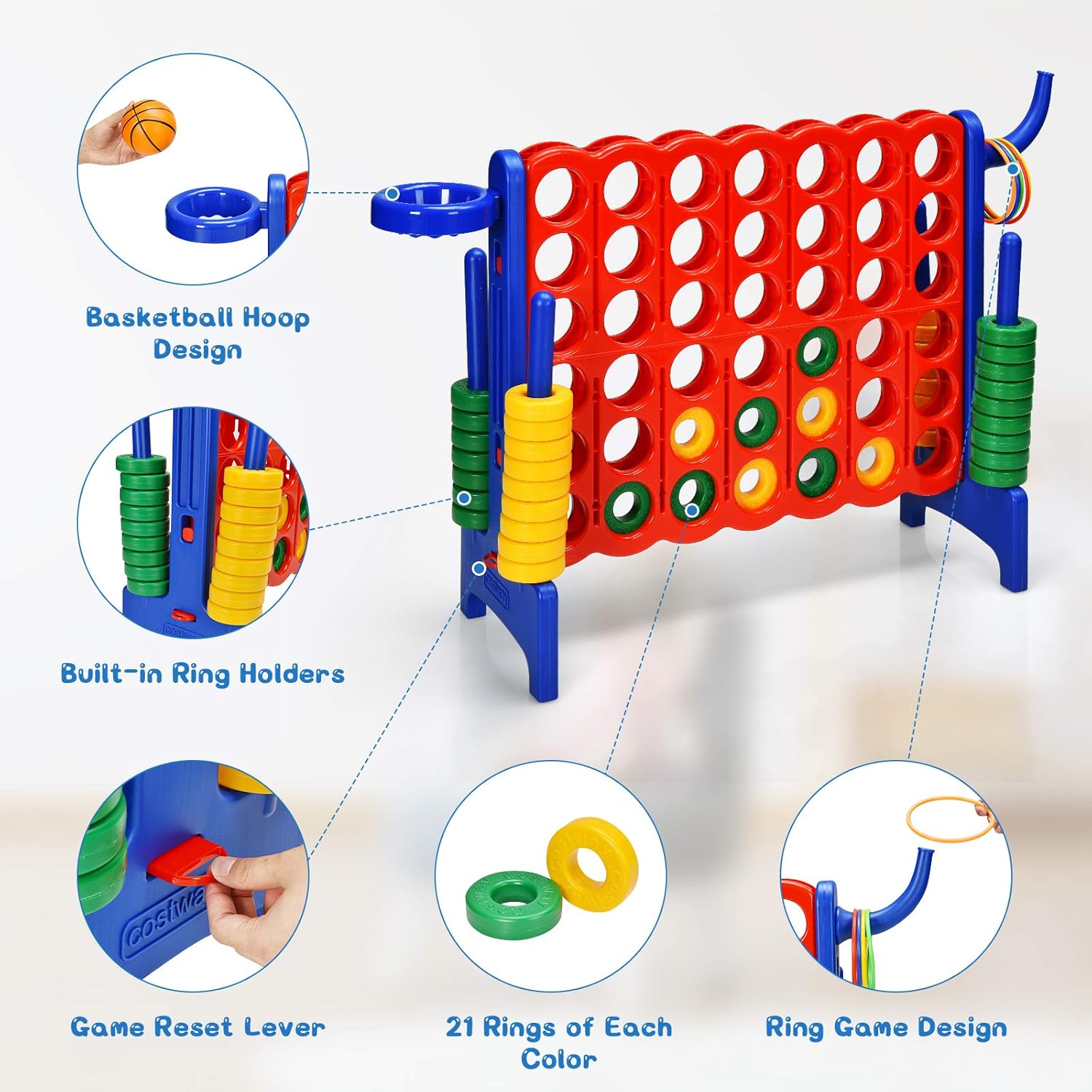 DORTALA Juego gigante de 4 en una fila, de plástico Jumbo Connect con 42 anillos jumbo, deslizador de liberación rápida, lanzamiento de anillo, 2.5